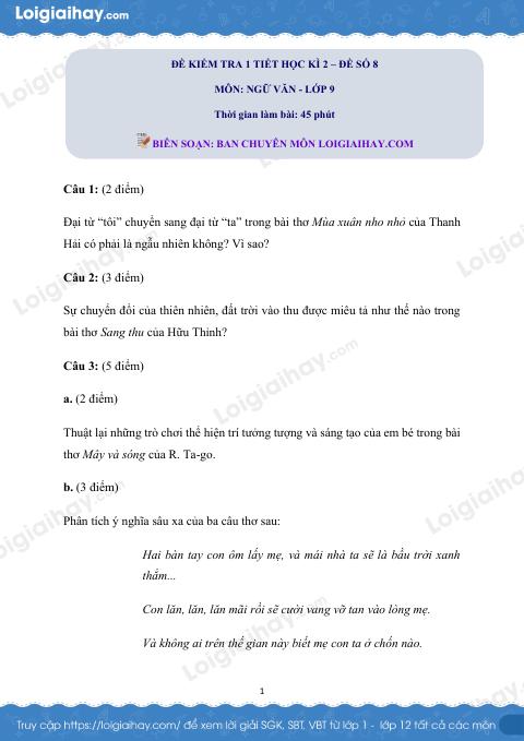 Đề kiểm tra 1 tiết Văn 9 - Đề số 8